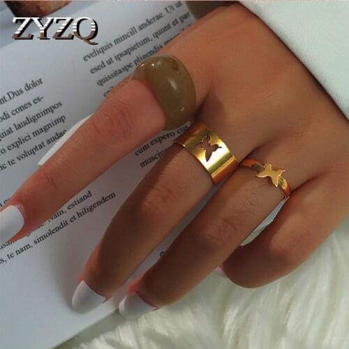 ZYZQ 2 Pcs Butterfly Couple Adjustable Opening Ring Set for Women Men Unisex Gold Color Metal Rings Trendy Party Jewelry 2021