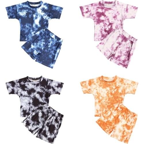 Toddler Girls Summer Short Sleeve Clothes Set Colorful Tie Dye Printed T-shirt+Pants Solid 1 2 3 4 5 Years Baby Kids Outfits