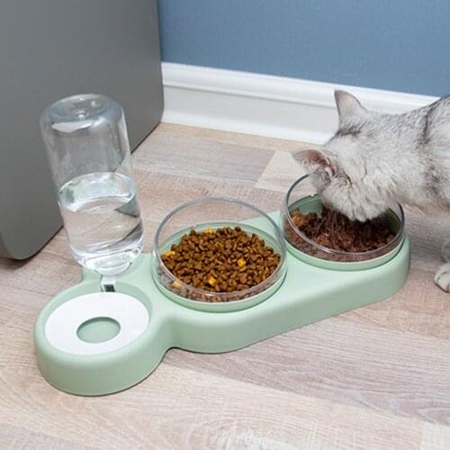 Pet Bowl Cat Double Bowls Food Water Feeder with Auto Water Dispenser Dog Cat Food Bowl Drinking Raised Stand Dish Three Bowls