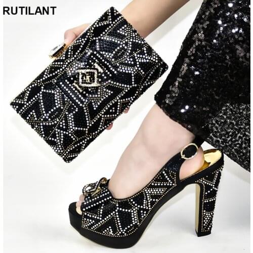 New Nigerian Shoes and Matching Bags Set Decorated with Rhinestone Party Shoes Women Shoes High Heel Matching Shoes and Bag Set