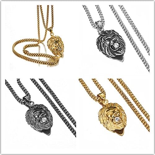 Granny Chic Silver Gold Black Lion color Necklace Rock Punk Men/Women Jewelry Stainless Steel Chain Necklace Rhinestone Pendant