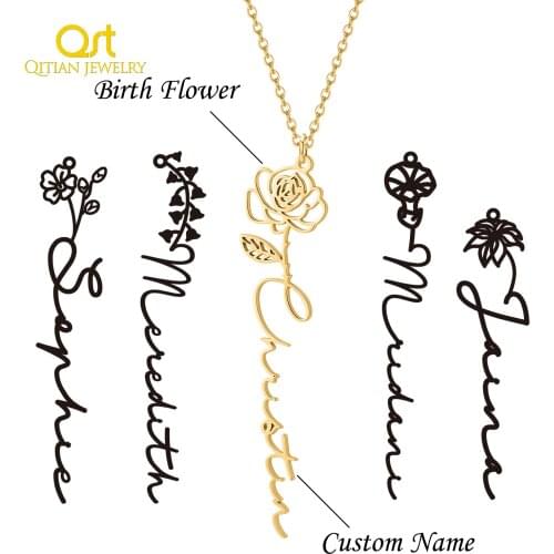 Custom Name Necklace With Twelve Birth Flowers Stainless Steel Jewelry 2021 Birthday Gift For Women Personalise Necklace Name