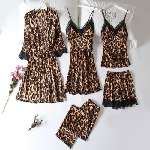Summer New 5 Pcs Set Women Pyjama Satin High Quality Sexy Leopard Sleepwear With Chest Pad Pajamas