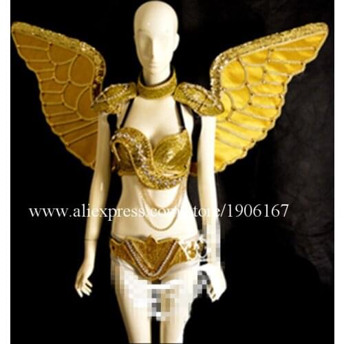 Catwalk Shows Stage Performance Gold Angel Wings Women Cosplay Ballroom Costumes Suit Clothes For Halloween Christmas Party