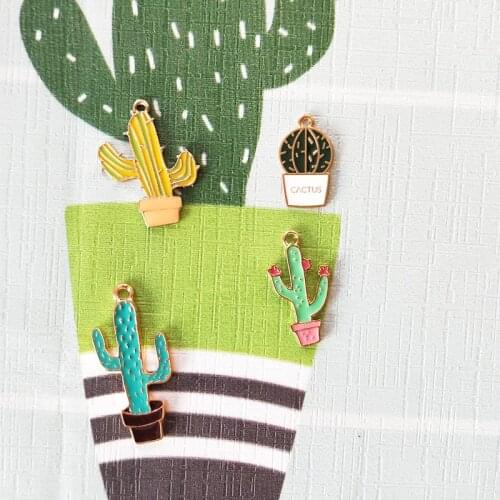 10pcs Enamel Plant Potted Cactus Charms Necklace Golden Tone Metal Pendants Findings DIY Fashion Jewelry Making Accessory