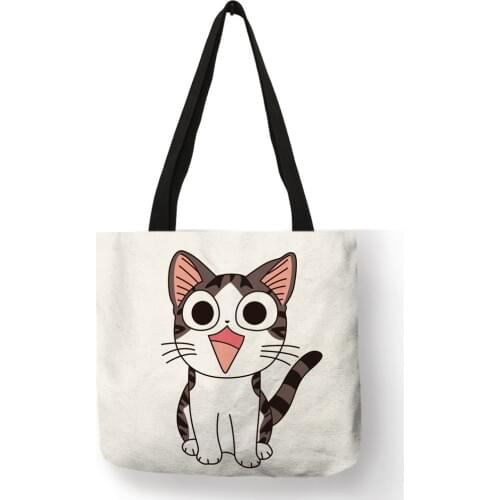 Simple Cartoon Style HandBags Smiled Baby Cat Prints Eco Linen Fabric Tote Bags Shopping Traveling Office Reusable Shoulder Bag