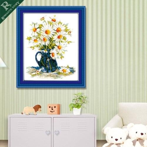 Romantic Story Needlework Cross Stitch Kits with Pre-Printed Pattern For Beginners, Starter DIY Embroidery Flower Vase Pattern