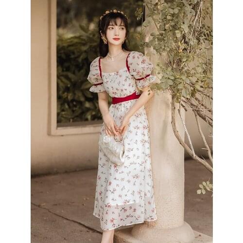 Chiffon French Romantic Floral Fairy Dress Summer Gentle Retro Puff Sleeve Vestidos Square Neck Sweet Midi Dress