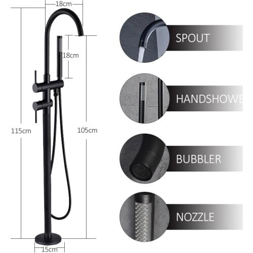 Vidric black bathtub floor stand faucet mixer single handle mixer tap 360 rotation spout with abs handshower bath mixer shower