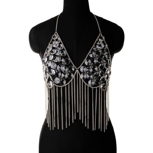 Acrylic Decoration Tassel Halter Bra Womens Sexy Chest Chain Gothic Backless Body Chain Fashion Nightclub Body Chain Jewelry