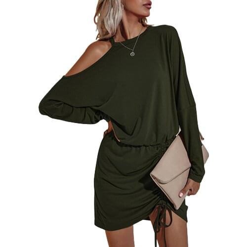 Women Off-the-shoulder Dress Solid Color Round Collar Batwing Sleeves Black/ Wine Red/ Army Green