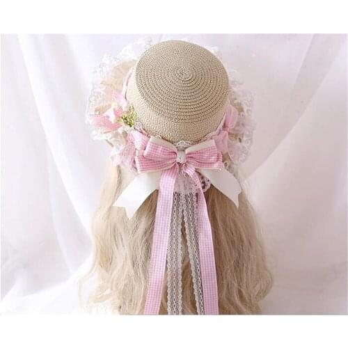 Summer Mori Girl Lace Trim Bow Plaid Straw Hats Women Beach Sun Hat womem Princess Hat Cosplay Headwear B1380