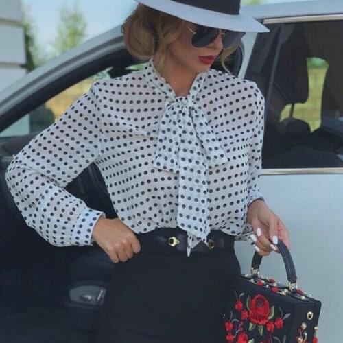 Women Streetwear Bow Neck OL Blouse Ladies Casual Long Sleeve Polka Dot Blouse Beach Holiday Fashion Tops 2019 New Arrivals