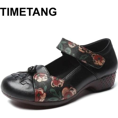 TIMETANG Shoes for Women 2021 Ladies Pumps Chinese National Mary Janes Genuine Leather Casual Shoes Medium Heel