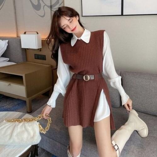 2021 New Spring Fashion Suit Womens Korean Style Skinny Shirt Knitted Vest Jacket Two-Piece Tide