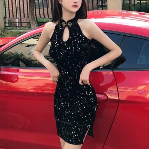 Nightclub Women Dress New Chinese Style Elegant Velvet Cheongsam Slim Dress Chic Lady Bling Sexy Starry Sky Bodycon Mini Dresses