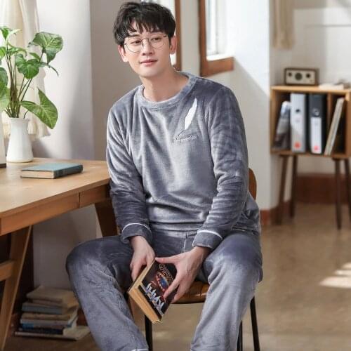 Winter Mens Pajamas Set Thick Flannel Leaves Printed Long Sleeve Warm Sleepwear Suit Sleep &Lounge Pyjamas Home Clothing Pijama