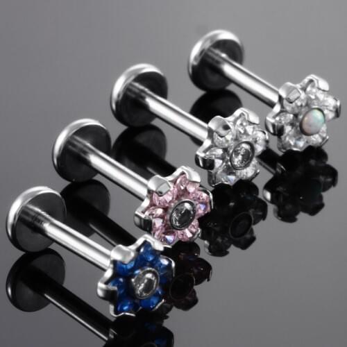 1PC 16G Steel Internal Thread Flower Top Labret Lip Stud Rings Crystal Lip Piercing Tragus Earring Piercings Sexy Body Jewelry