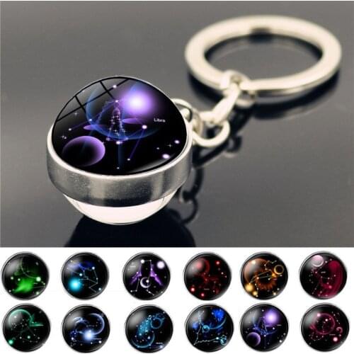12 Constellations Keychain Jewelry with 12 Zodiac Signs Double Side Glass Ball Glass Cabochon Car Keychain Hoder for Men Gift