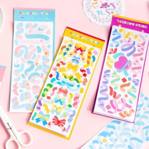 3 Sheets Ribbon Stickers Craft For Arts Craft Greeting Cards Home Decoration Stickers Rainbow Sky Star Series Colorful Stickers