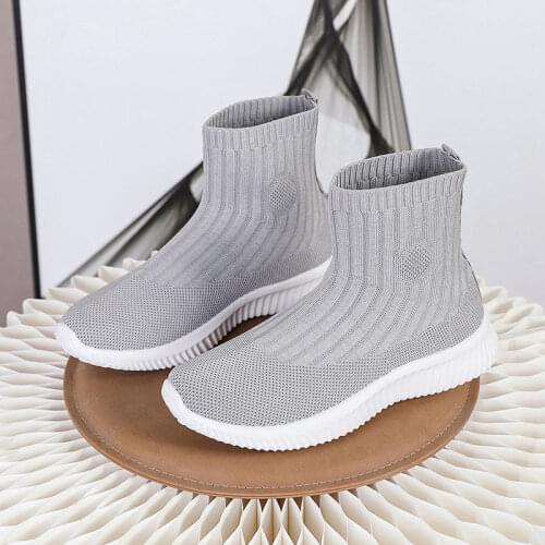 High Ankle Boots Women Stretch Knit Shoes Flat Elastic Sock Boots Girls High Sneakers Slip On Boots Womens Shoes Without Heels
