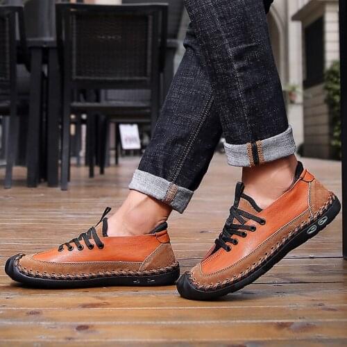 Four Seasons Extra Large Size Men Shoes Handmade Shoes Comfortable Casual Shoes Stitching Leather Shoes Elastic Soft Flat Shoes