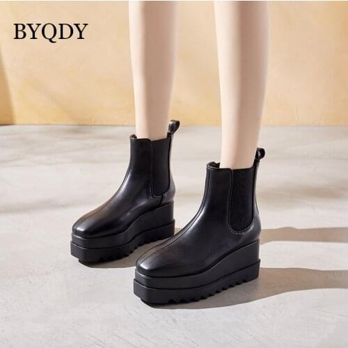 BYQDY PU Leather Female Boots Round Toe Platform Thick Heel Ankle Boots Woman Fashion Slip-on Chelsea Booties Autumn Winter 39