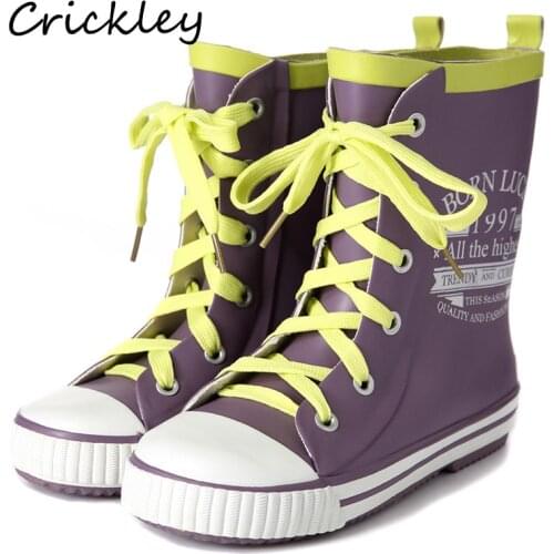 Purple False Lace Up Children Rain Boots Waterproof Anti Slip Girls Rubber Boots Letters Printed Slip On Kids Rain Shoes