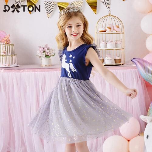 DXTON Unicorn Kids Dress For Girls Tulle Flying Sleeve Princess Tutu Baby Dress Summer Birthday Party Children Licorne Vestidos