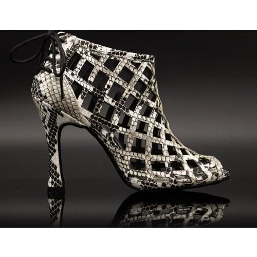 【Fever Pitch】Snake Skin Cut Outs Lace Up 10cm Flare Heel Boots