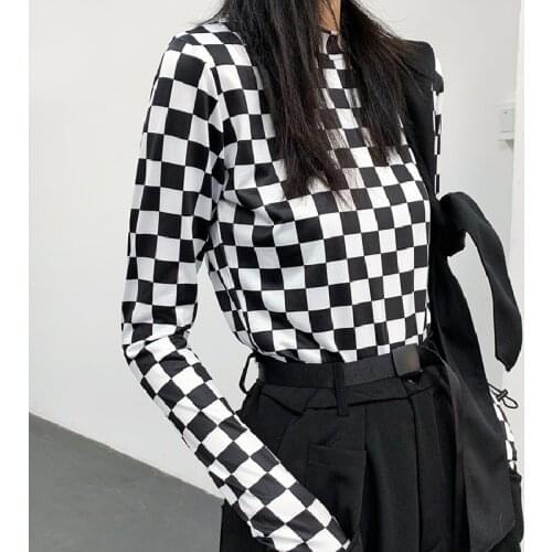 Ins checkerboard T-shirt female autumn Harajuku streetwear BF plus velvet long-sleeved shirt fashion loose casual female T-shirt