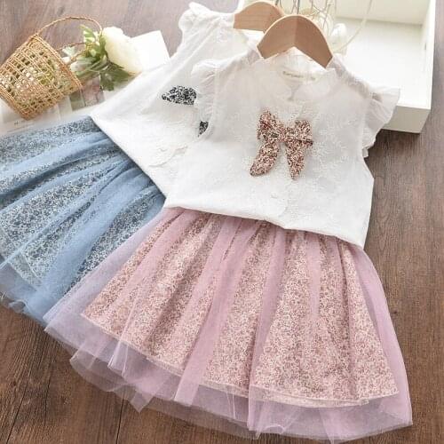 Girls Summer Clothing Sets Cute Sleeveless T-shirt+Print Bow Skirt 2Pcs Fashion Kids Clothes Girl Baby Outfits Two-Piece Set