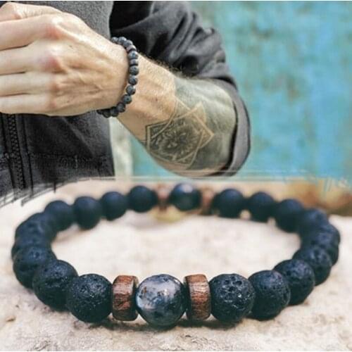 Men Bracelets Fashion Tibetan Buddha Natural Chakra Lava Stone Tiny Wood Bracelet For Men Elastic Polished Tiger Eye Bead Bangle