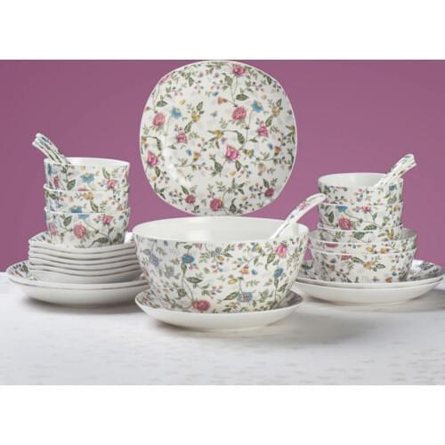 28pcs set, fine bone china square design dining set, porcelain dishes and plates sets, ceramic chaffing dish and bowl, spoon