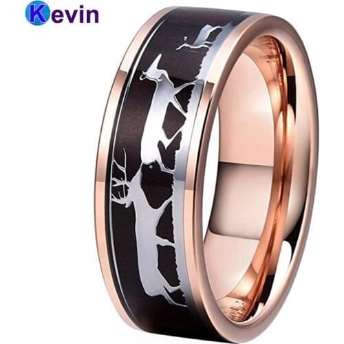 Rose Gold Wedding Ring For Men And Women Tungsten Ring With Family Love 5 Deers And Dark Black Wood Inlay New Arrivals