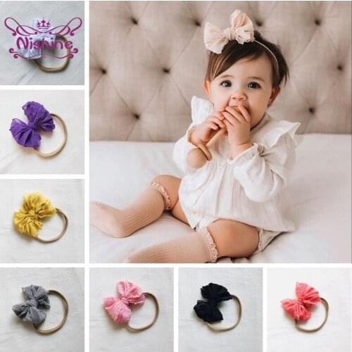 Nishine 10 CM Solid Color Lace Bowknot Baby Elastic Nylon Headband Fashion Toddler Bows Hairband Princess Headwear Photo Props