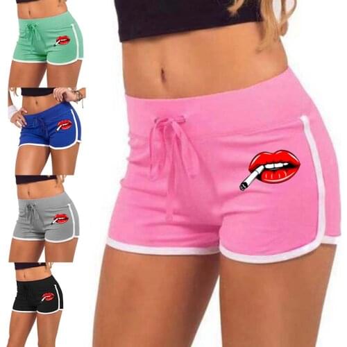 Fashion Shorts Women High Waist Elasticated Fitness Leggings Push Up Gym Training Summer Sports lips Printing Short