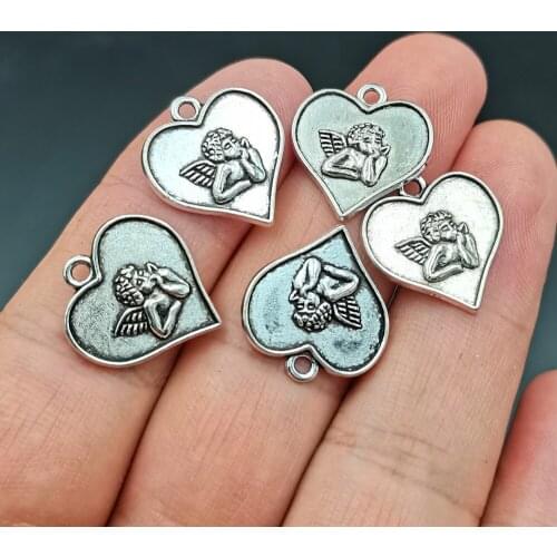 Antiquing 30pcs Angel Wings Cupid Love Heart Shaped Charms Tibetan Silver Beads For DIY Jewelry Making Pendant