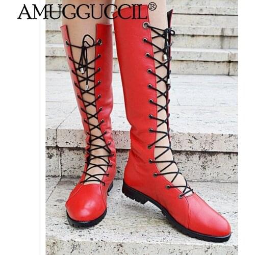 2020 New Arrival Plus Big Size 35-43 Black Red Lace Up Fashion Sexy Low Heel Spring Autumn Girl Females Lady Women Boots X2001