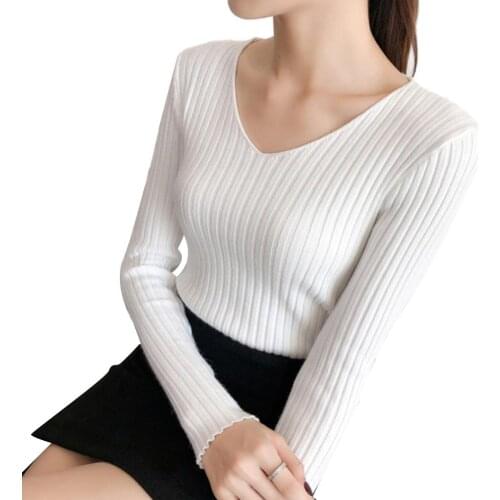 Women Casual Autumn Spring V Neck Long Sleeve Ribbed Slim Pullover Bottoming Sweater2020 Fashion Slim Ladies Knitted Sweater