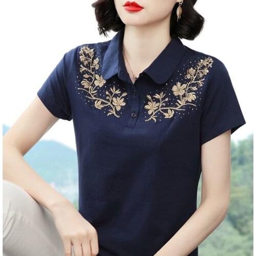Women Spring Summer Style T-Shirts Tops Lady Casual Short Sleeve Embroidery Turn-down Collar Tshirts Tees ZZ0205