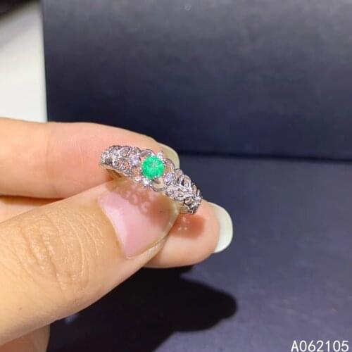 925 pure silver Chinese style natural Emerald womens fresh vintage round new adjustable gem ring fine jewelry support detection