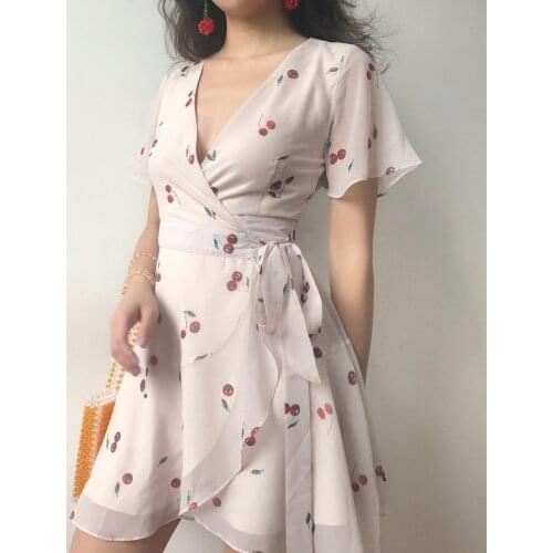 Summer Women Tunic Cherry Printed Wrap Dress Sexy Deep V Neck Vintage Chiffon Dress Split Holiday Beach Mini Dress Vestidos