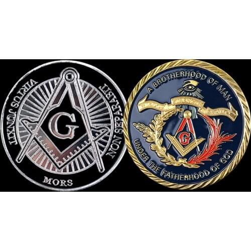 2pcs European Masonic Freemasonry Coin Gold Plated Brotherhood Collection Souvenir Coin Blue Collectible Commemorative Coins