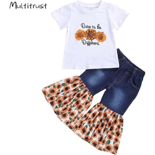 2020 Toddler Girls Clothes Clothes Sets Short Sleeve T-shirts + Denim Flare Sunflower Printed Pants 2pcs Suits