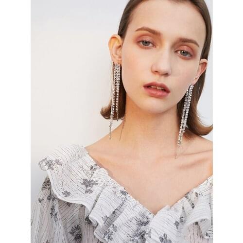 2021 Long Tassel Drop Earrings For Women Silver Color Korean Rhinestone Wedding Bride Fringe Earrings Fashion Jewelry For Party