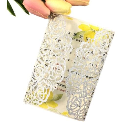 25X Silver Champagne gold glitter Dark navy blue hollow Rose flower lace Laser Cut Embossing Wedding Invitation Greeting Card