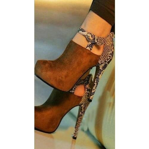 Flock Serpentine Boots Metal Buckles Leopard Print Fall Ankle Boots Classic Brown Round Toe Hgih Heels Stiletto snake skin Shoes