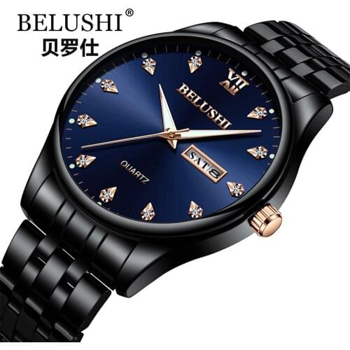 Top Brand Luxury Business Mens Watch Stainless Steel Waterproof Quartz Watch Men Date Week(Can English) Hour Diamond Black Watch