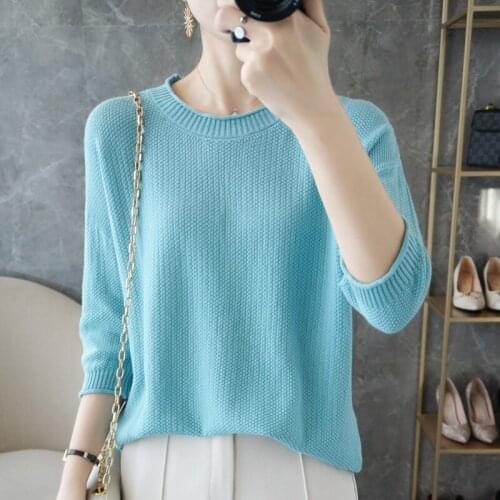 European and American fashion womens solid color half-sleeved knitted O-neck sweater loose and comfortable coat 100% cotton